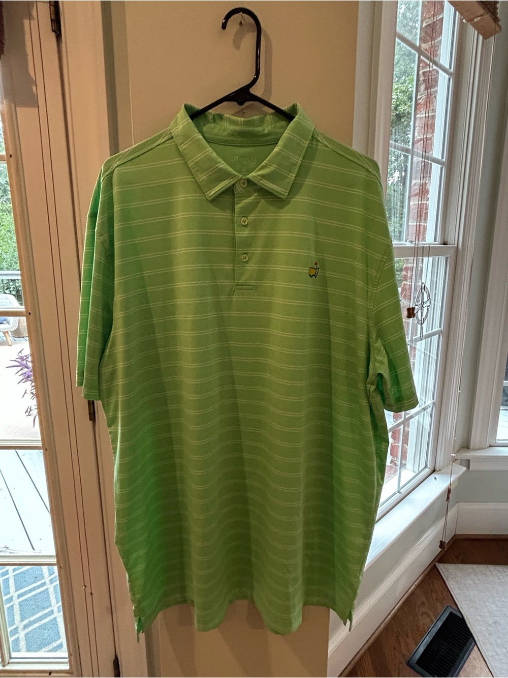 Masters Bright Lime Green White Striped Polo Shirt, Masters Logo XXL